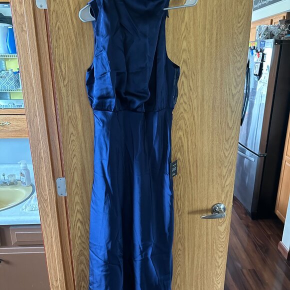 Lulus Navy Satin Asymmetrical Midi Dress - Picture 3 of 9